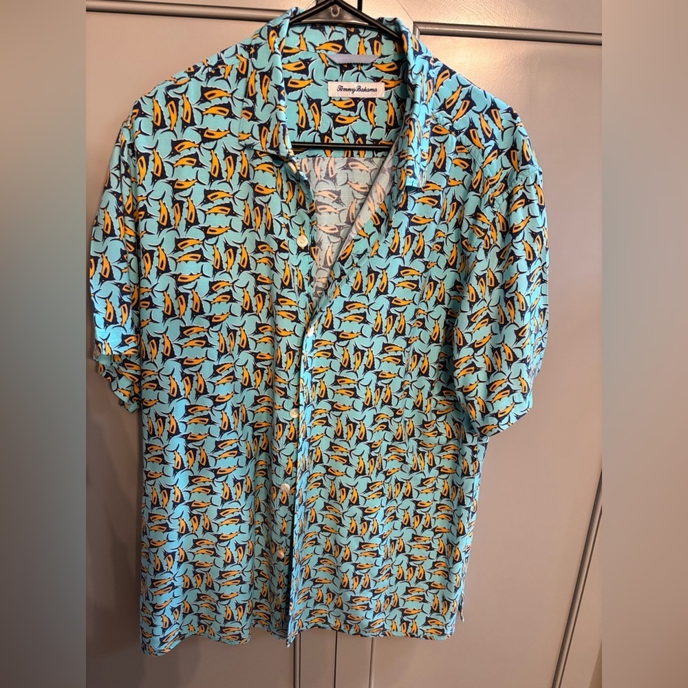 Tommy Bahama Moorea Marlins Hawaiian Button Down Camp Shirt Short Sleeve Teal Lg